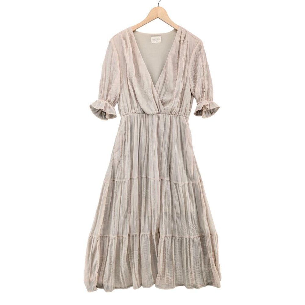 Bella Ella On The List Maxi Dress Beige Pleated Tiered Lined Half Sleeve Size M